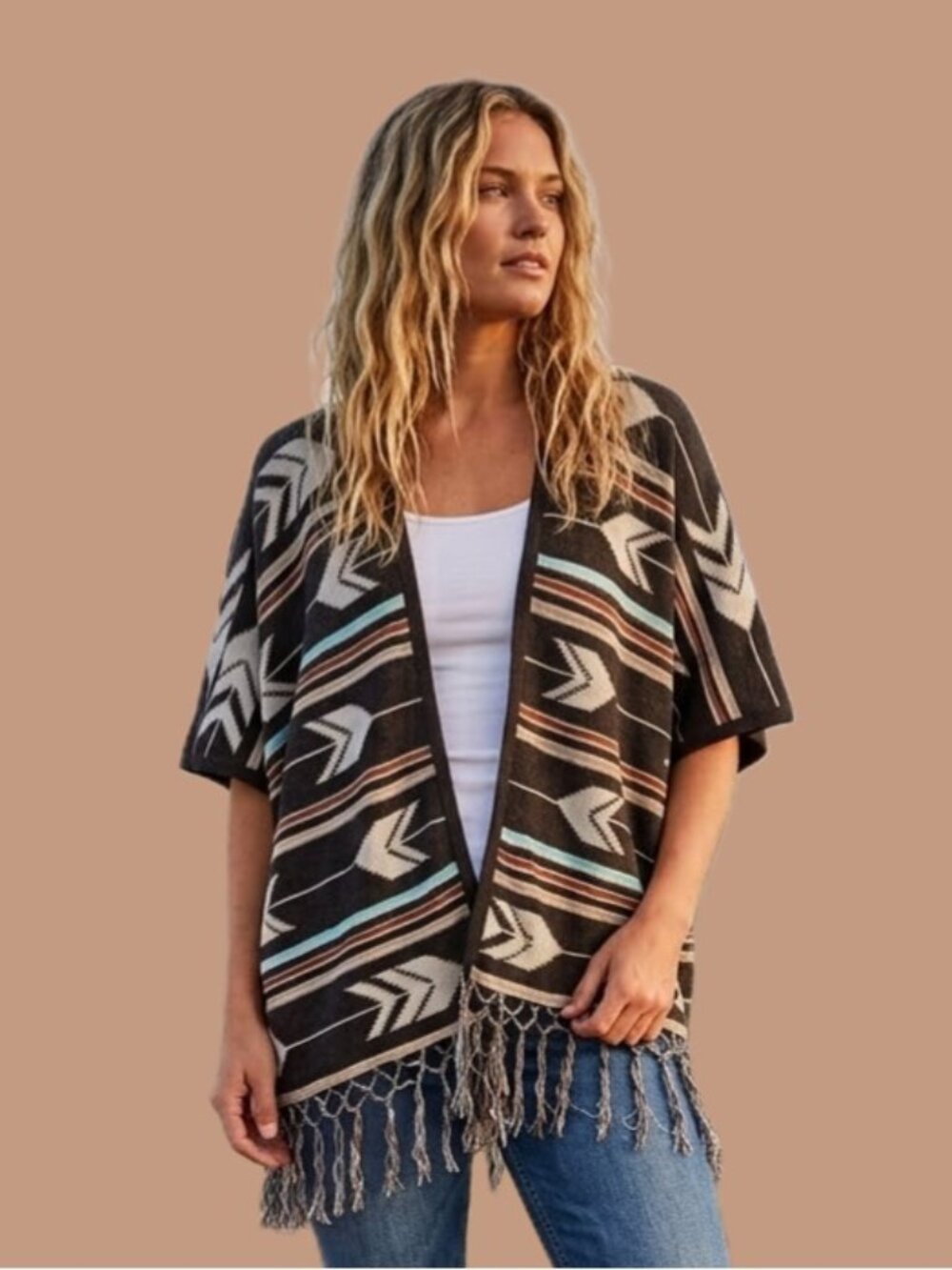 Designer’s Closet by Billabong Open Cardigan Kimono Sweater Boho Tribal Size M